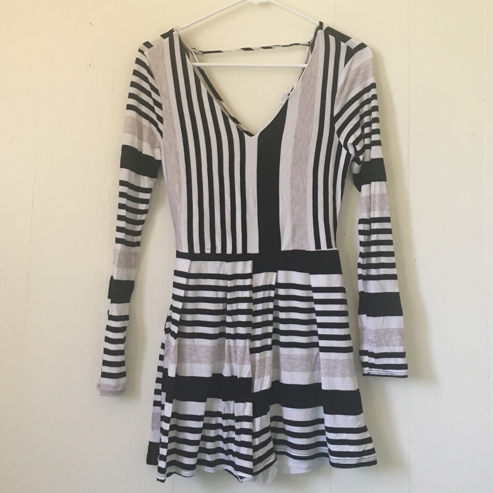 Long Sleeve White Black Tan and Light Blue Romper